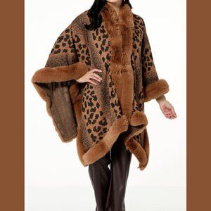 Kathy Ireland Leopard Print Cape with Brown Fur Trim